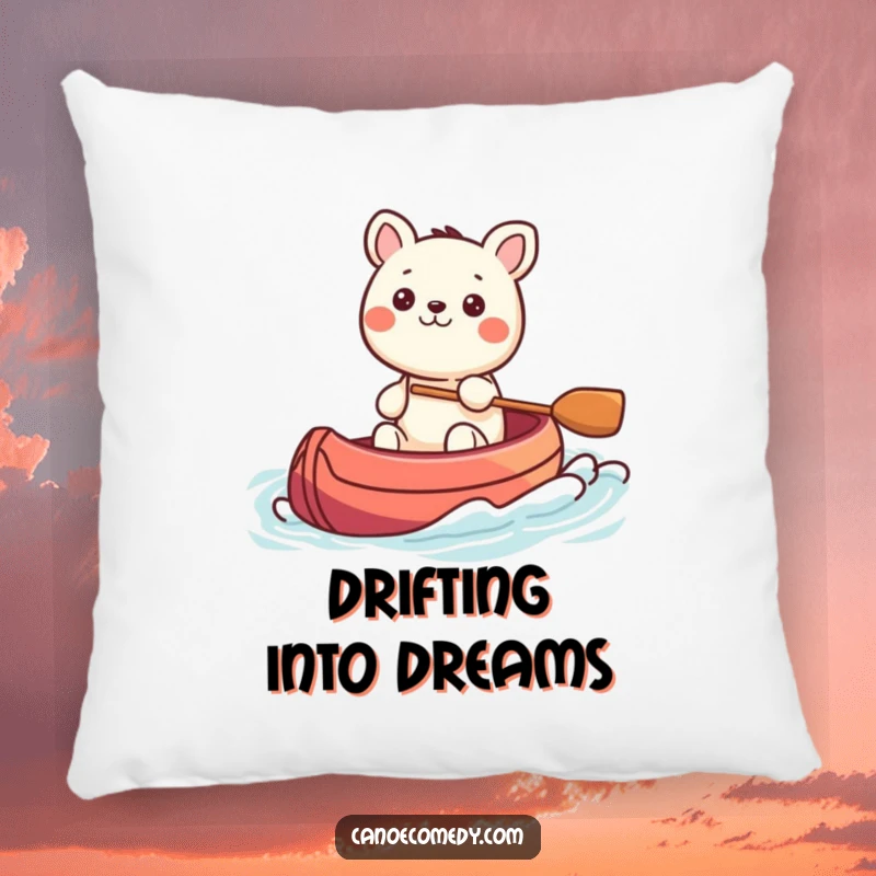 Funny Kawaii animal character steering a colorful canoe through gentle waves, a soft humorous pillow for ultimate comfort.
