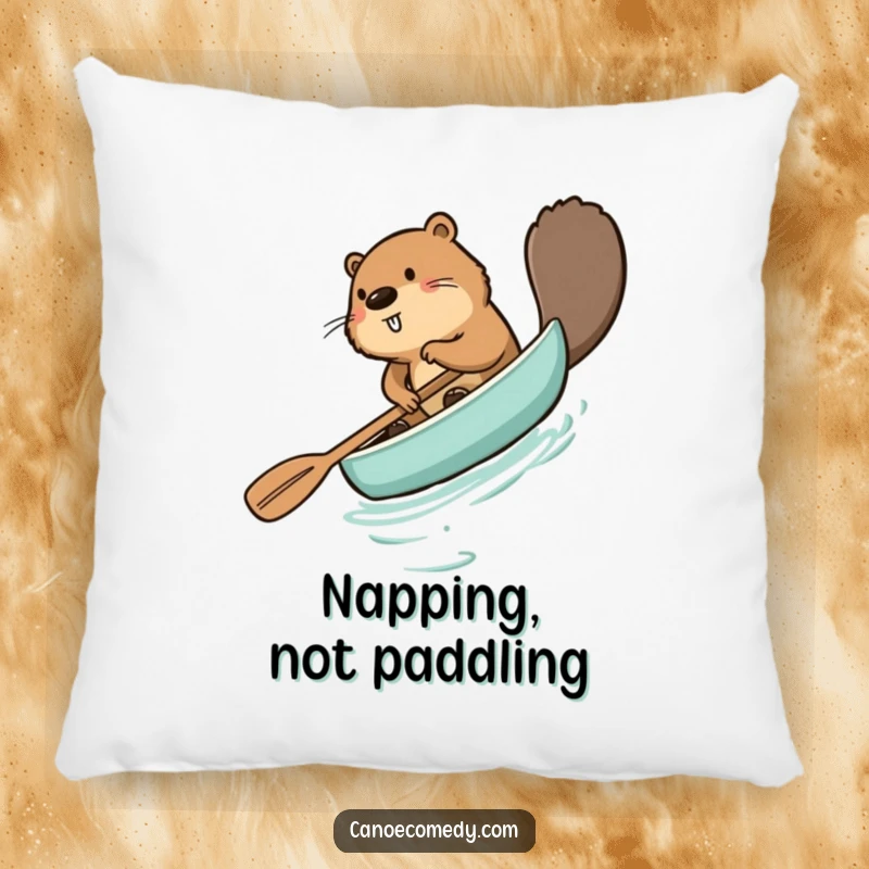 Funny beaver pillow, comically paddling a canoe backward with a determined yet confused expression, perfect for adding comfort and humor.