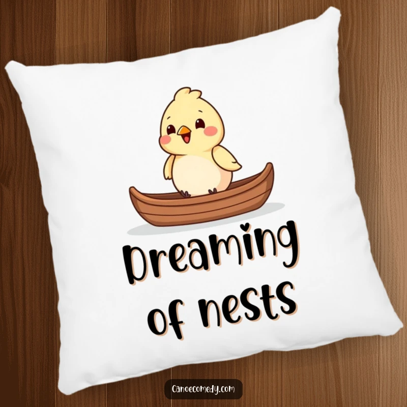 Funny chirpy bird sitting in the front of a canoe, printed on a soft pillow for a funny home decor gift.