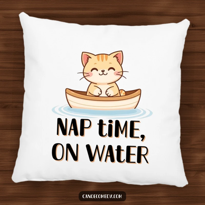 Funny Cat Floating Canoe Pillow, showing a happy cat peacefully floating in a tiny canoe, perfect for comfy lounging.