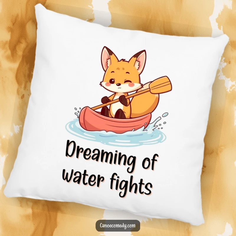 Funny fox playfully splashing water in a canoe, soft pillow, lively animal decor, comforting gift.