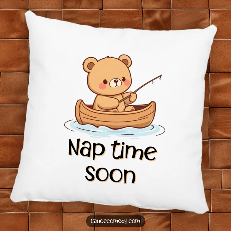 Funny Kawaii Bear Pillow: Content bear fishes from a canoe, offering comfort and humorous serenity.