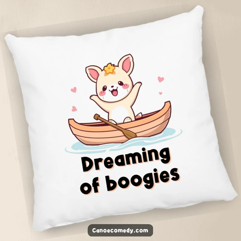 Funny Kawaii animal character dancing happily in a canoe, featured on a soft pillow for cheerful decor.