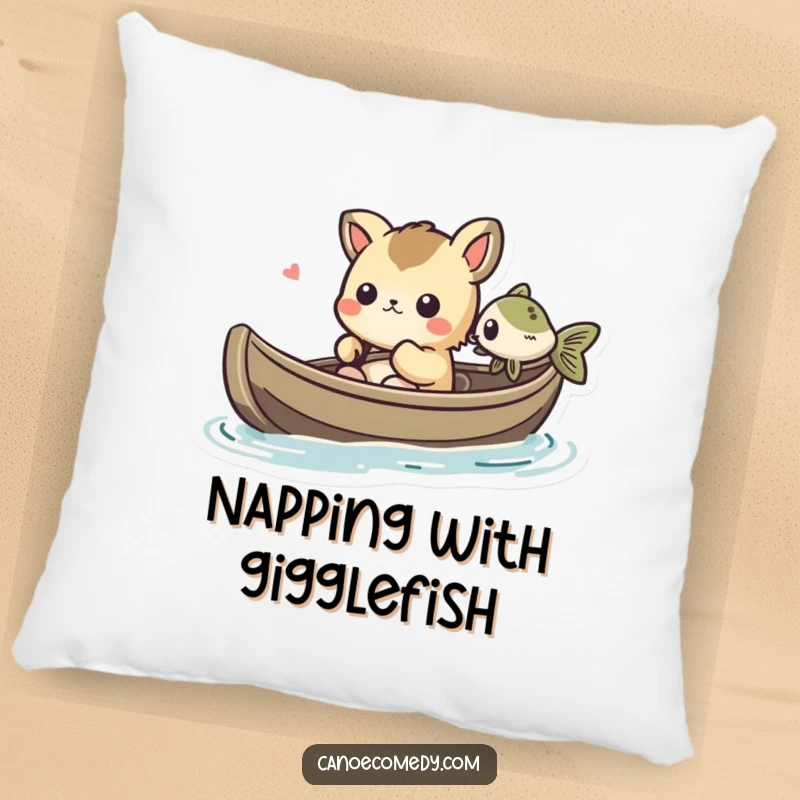 Funny Kawaii animal character in a canoe, looking amused at a fish, featured on a soft pillow.