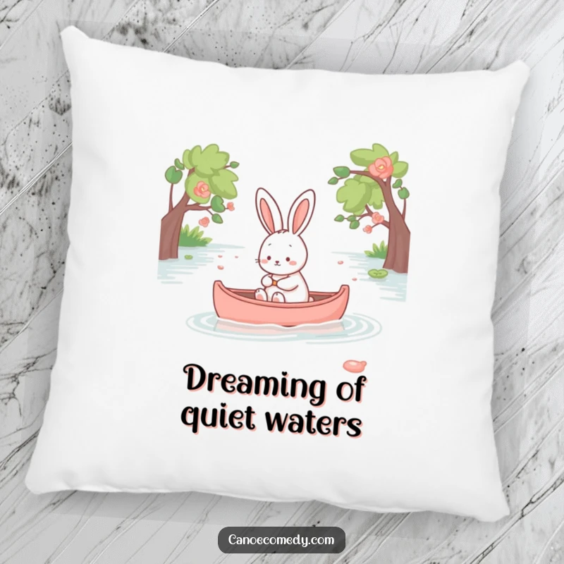 Funny kawaii rabbit relaxing in a canoe, soft and plush pillow, cute peaceful animal decor, comforting gift.