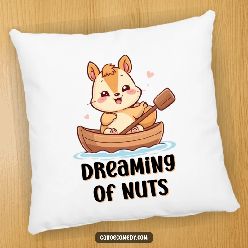 Funny Kawaii Squirrel Pillow: Giggling squirrel waves from a nutshell canoe, providing comfortable and humorous appeal.