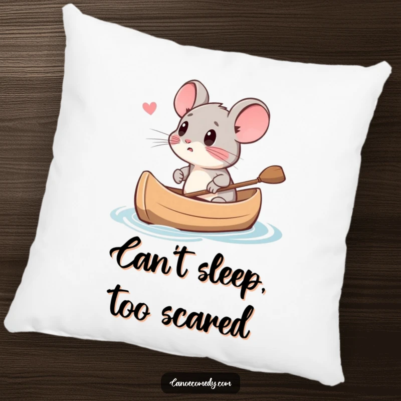Funny small mouse character looking scared in a canoe, printed on a soft pillow for a funny home decor gift.