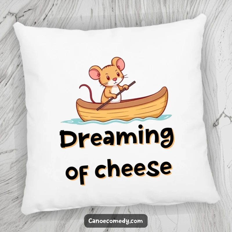 Funny, soft pillow depicting a tiny mouse determinedly captaining a canoe, ready for any challenge.