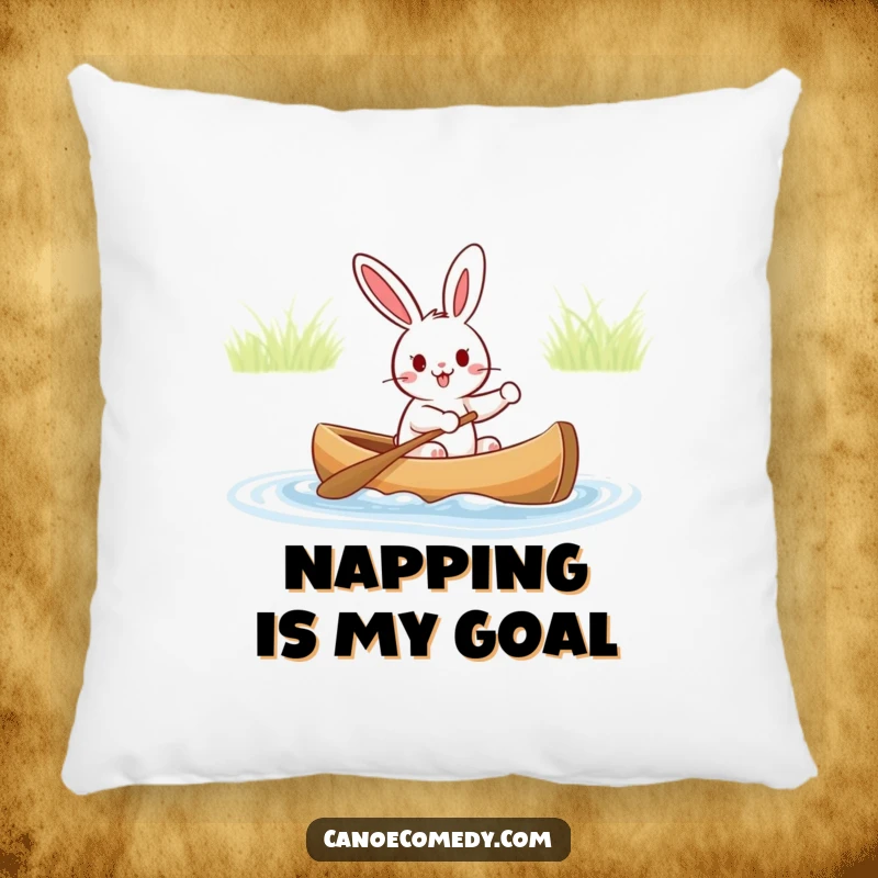 Funny pillow featuring a cheerful rabbit paddling a canoe, bringing cozy humor and a touch of adventure to any room.