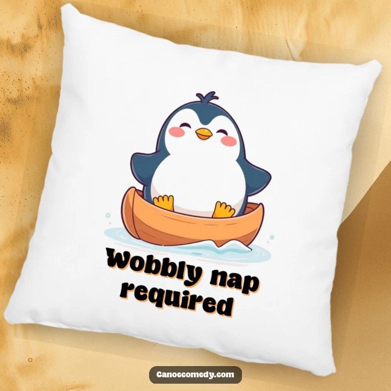 Funny Pillow featuring a plump kawaii penguin in a canoe, looking comically unsteady but incredibly happy. Soft and humorous.