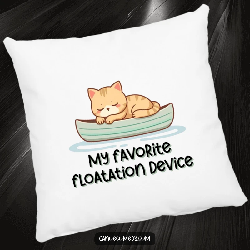 Funny cat sleeping peacefully in a small canoe, a comfortable and humorous pillow for ultimate relaxation and cozy decor.
