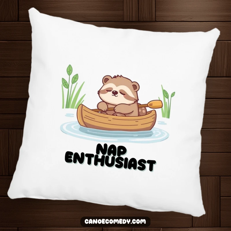 Funny, soft pillow showing a deeply sleepy sloth gently floating in a canoe, ideal for naps.