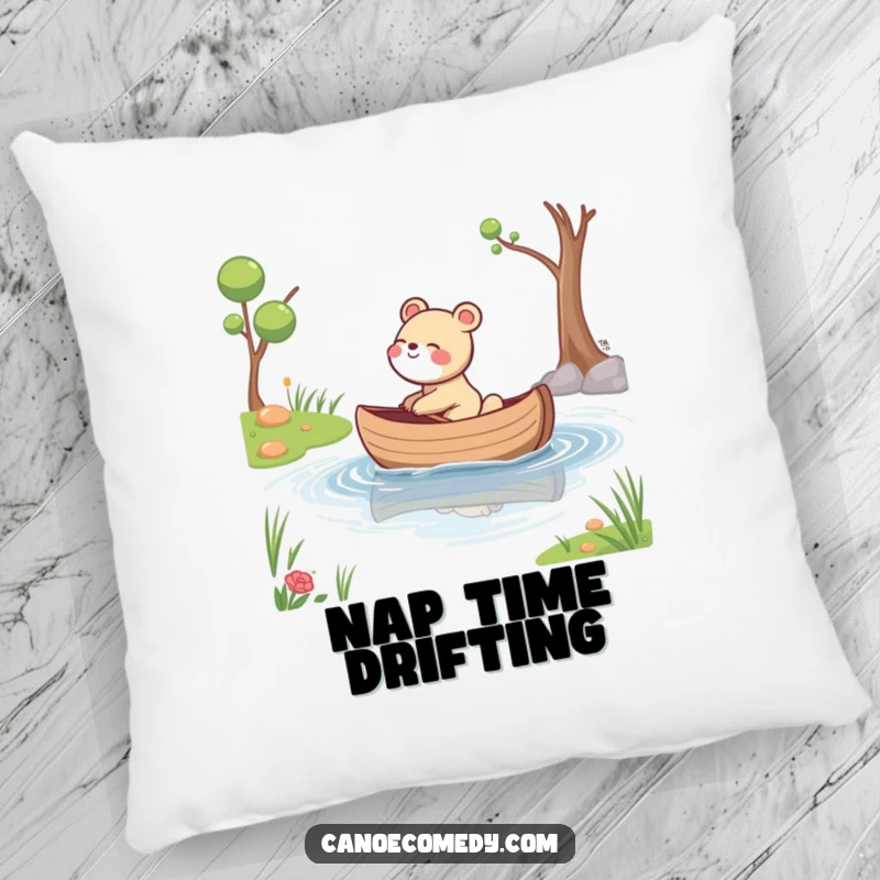 Funny pillow featuring a giggling animal whose canoe drifts down a calm stream, offering a soft, serene, and humorous accent.