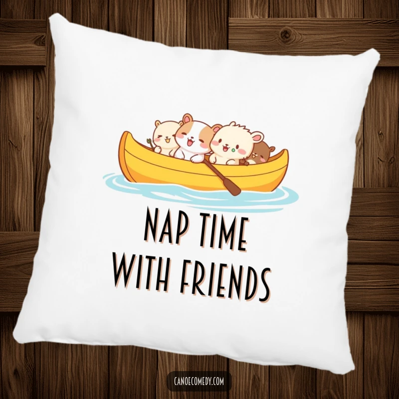 Funny, plush pillow showcasing small animals in a canoe, their faces alight with joyous giggles.