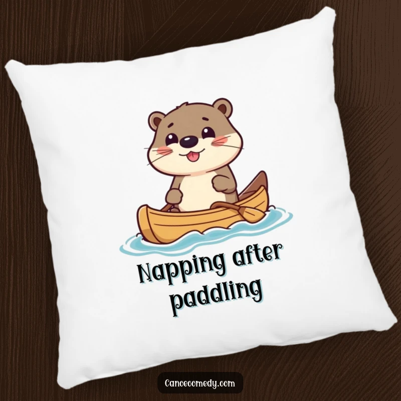 Funny Pillow decorated with a charming kawaii otter character navigating a canoe with a cheerful, determined look. Soft and humorous decor.