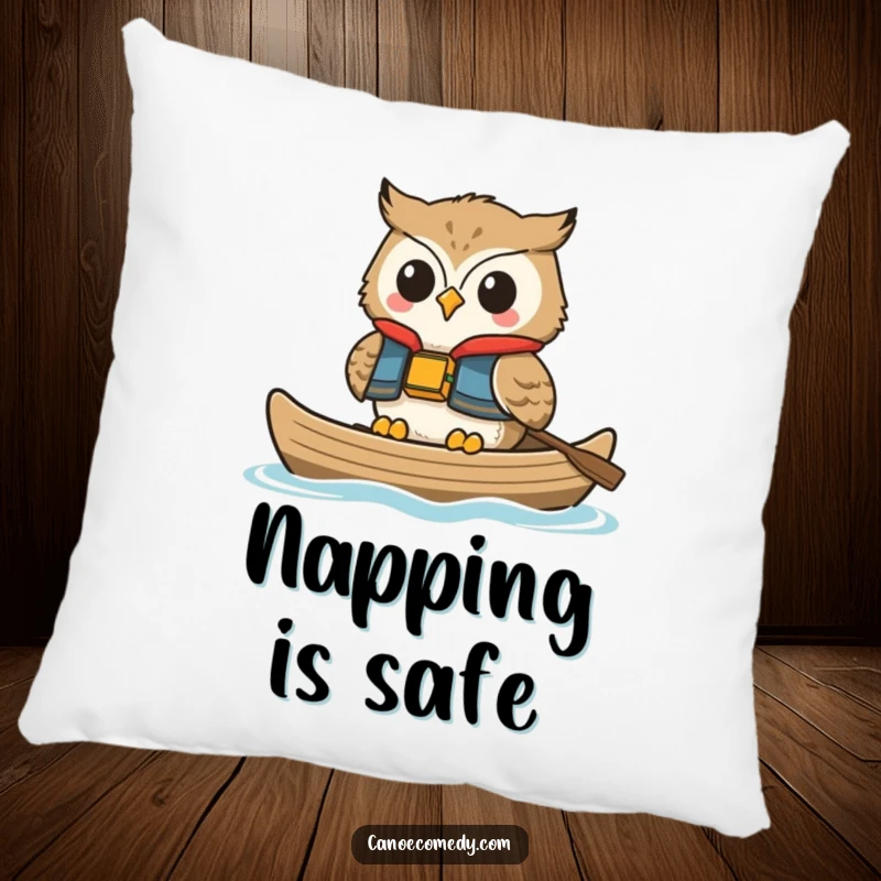 Funny owl pillow, shown smiling in a life vest while floating in a canoe, a soft and humorous accent piece.