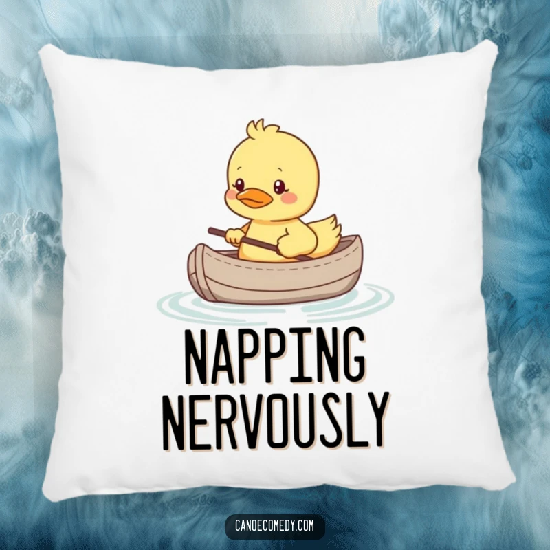 Funny pillow featuring a shy kawaii duckling in a tiny canoe, looking nervous, offering soft humor and gentle charm.