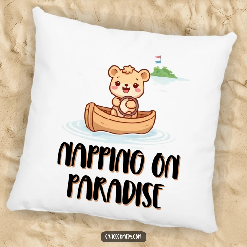 Funny pillow featuring a happy animal steering a canoe towards a sparkly island, offering a soft, cheerful, and inspiring touch.