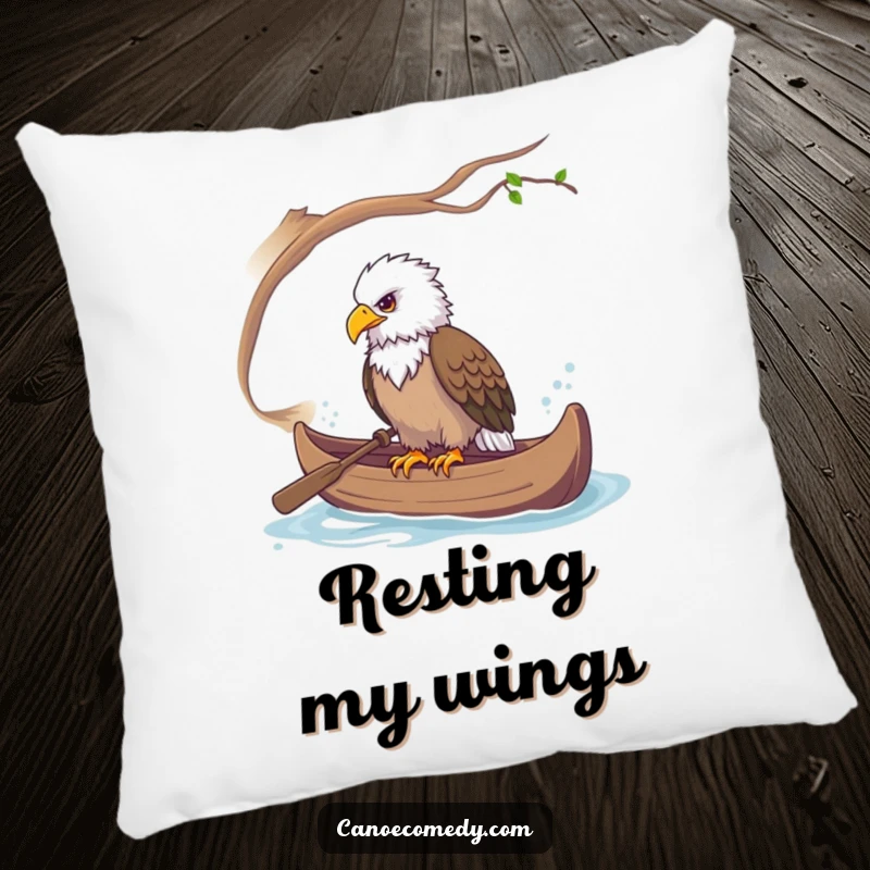 Funny, soft pillow depicting a majestic eagle perched in a canoe, observing its surroundings calmly.