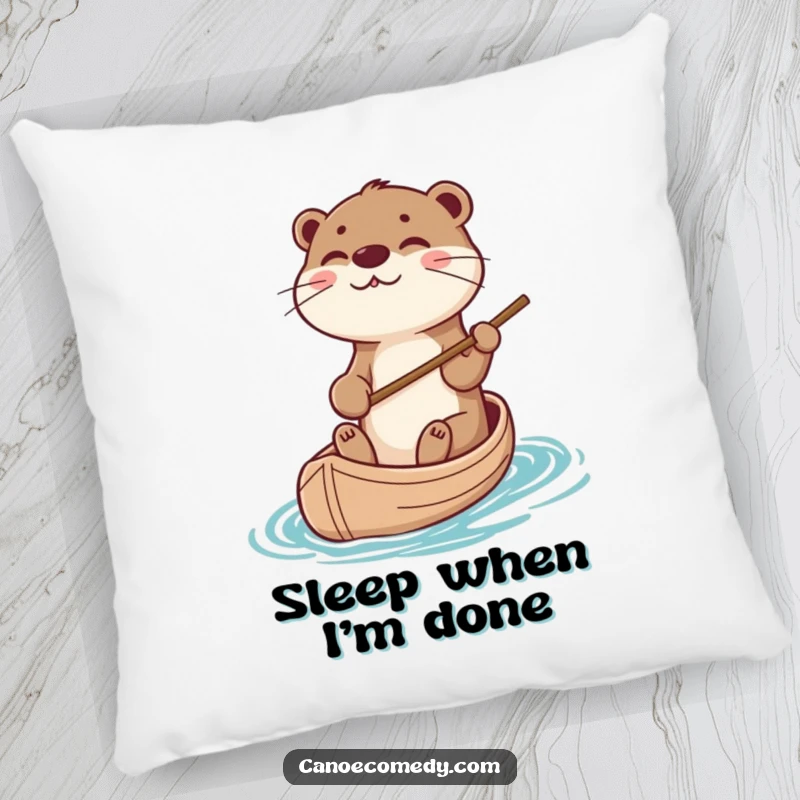 Funny playful otter steering a canoe with a stick, printed on a soft pillow for a funny home decor gift.