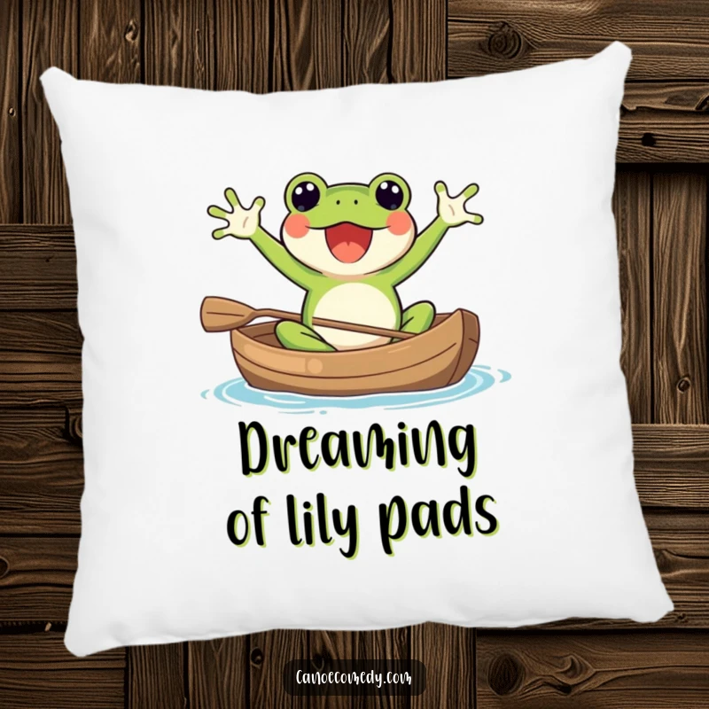 Funny Kawaii frog in a canoe, waving arms enthusiastically, a soft and humorous pillow for lounging and decor.