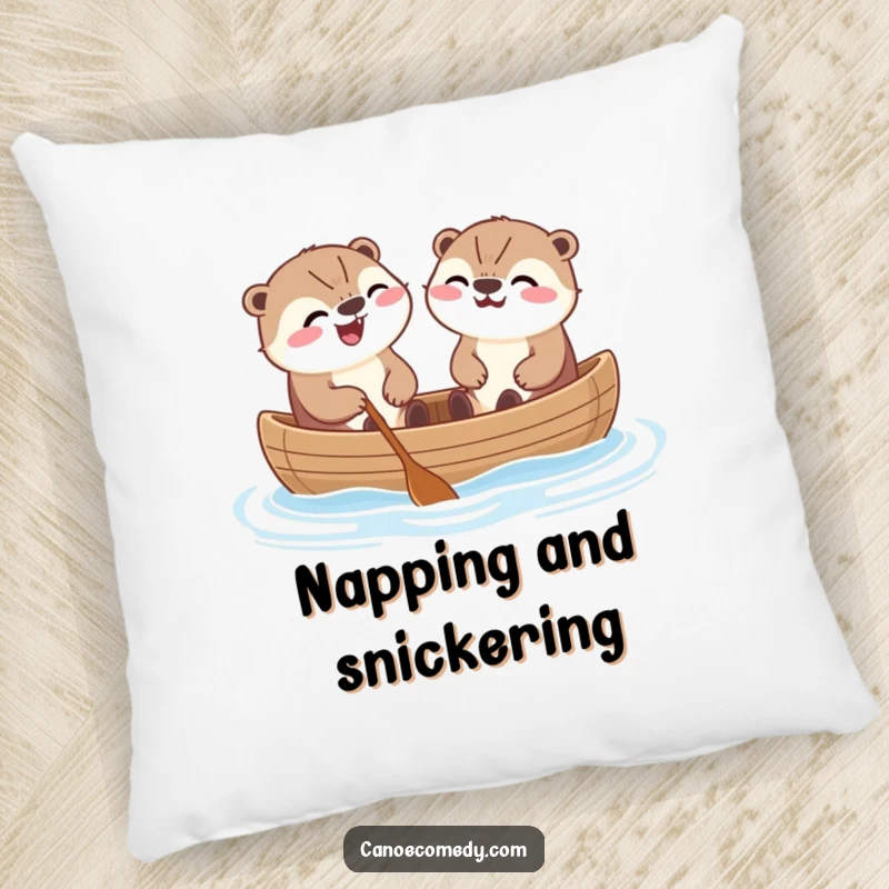 Funny Kawaii otters in a canoe, laughing heartily, a soft and humorous pillow for comfort and decor.