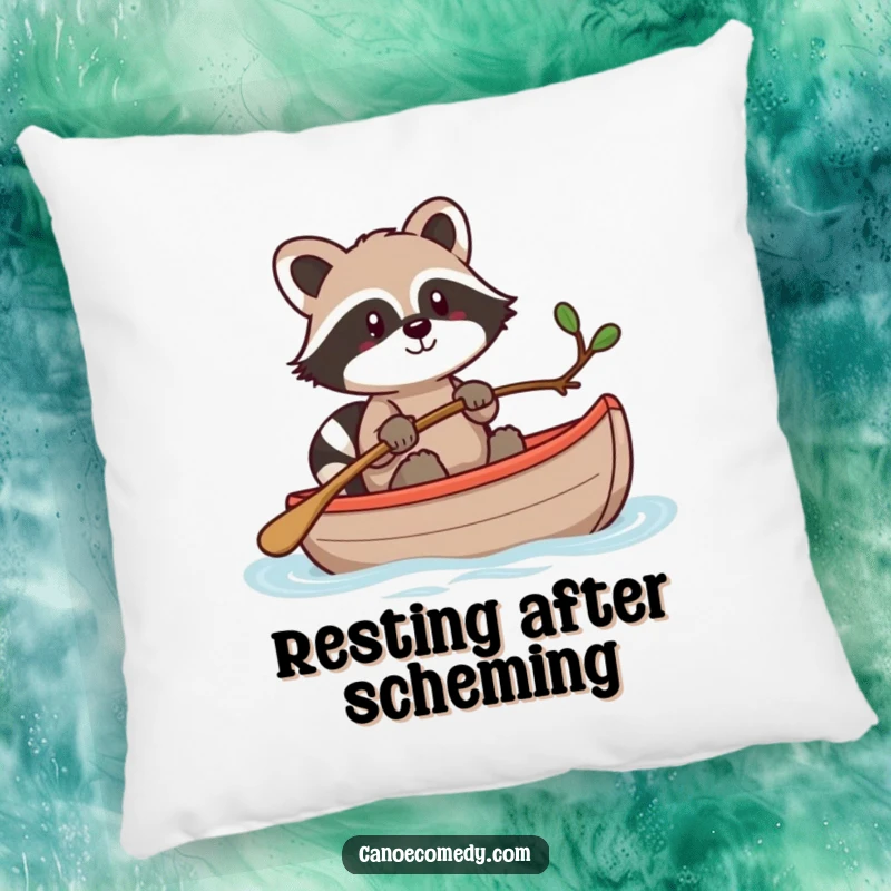 Funny Kawaii raccoon in a canoe, steering with a twig, a soft and humorous pillow for lounging.
