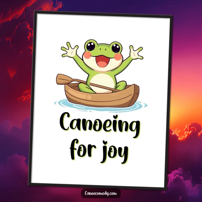 Funny Kawaii frog in a canoe, waving its arms with pure excitement, a digital art print for instant joy.
