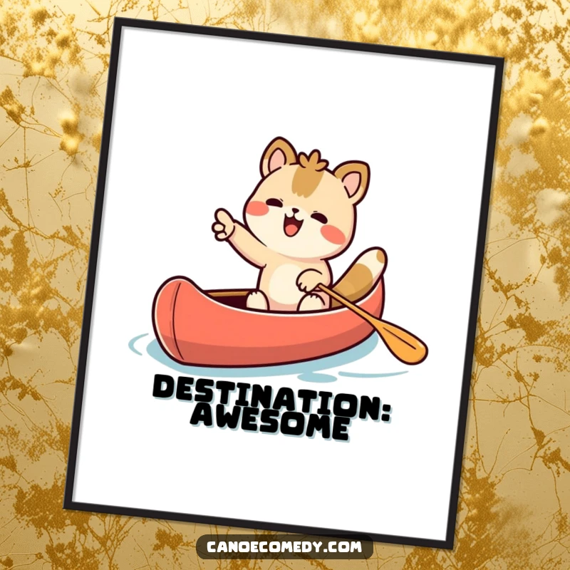 Funny Kawaii animal character excitedly pointing forward from a canoe, available as an instant digital art print.