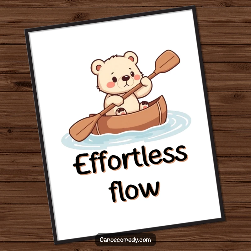 Funny digital art of a small bear cub paddling a canoe with immense effort and determination.
