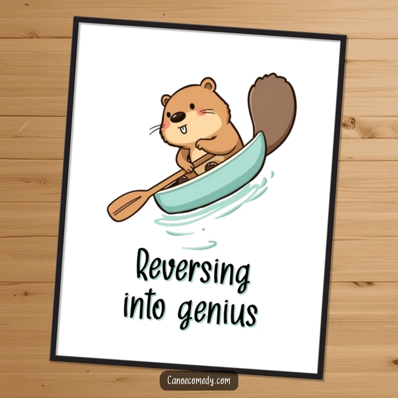 Funny beaver digital art print, comically paddling a canoe backward, a humorous and eye-catching piece for digital or physical display.