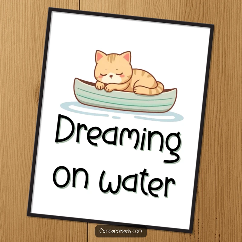 Funny cat sleeping peacefully in a small canoe, serene and humorous digital art print for creating a calm, amusing space.