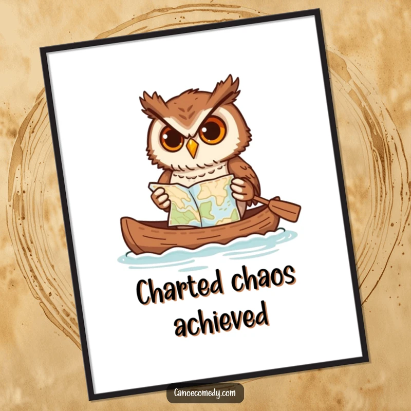 Funny owl digital art print, showing an owl paddling a canoe while attempting to read a map, a humorous downloadable artwork.