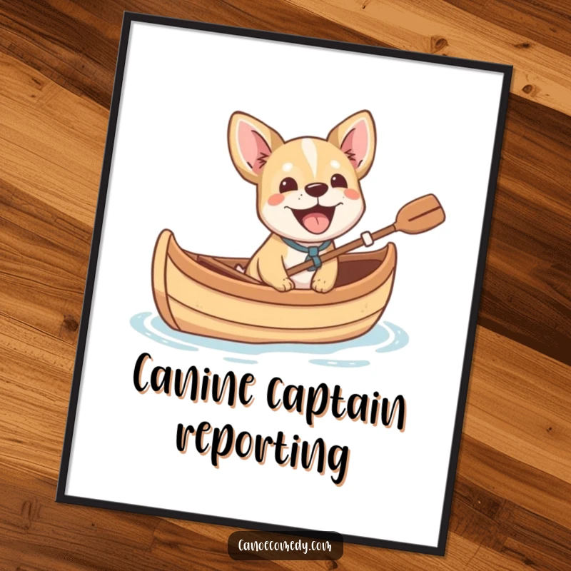 Funny small dog cheerfully barking with excitement from a canoe, a cheerful and humorous digital art print for instant decor.