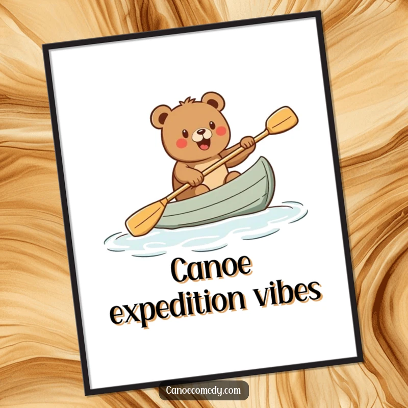 Funny digital art print of a cartoon bear paddling a canoe with uncontainable excitement, perfect for lively home decor, a funny gift.