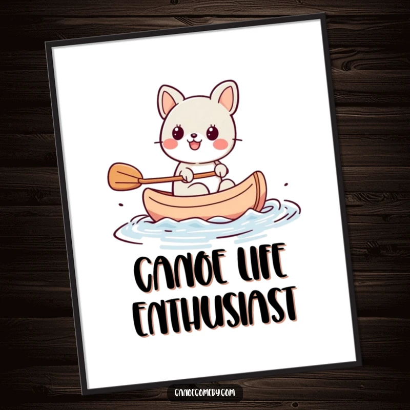 Funny Kawaii animal character paddling a tiny canoe with great enthusiasm, a high-resolution digital art print for immediate download.