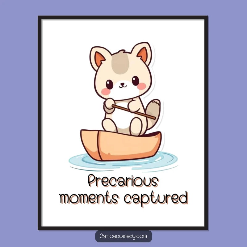 Funny Kawaii Canoe Balance Digital Art: Perilous Paddle Adventure Wall Decor Gift