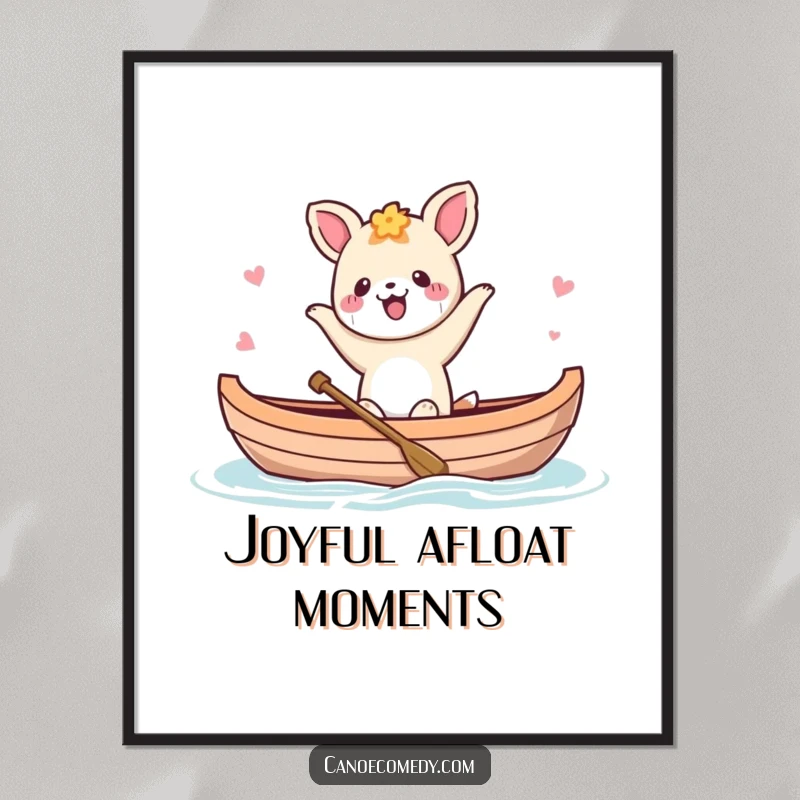 Funny Kawaii animal character dancing joyfully in a canoe, rendered as a humorous digital art print.
