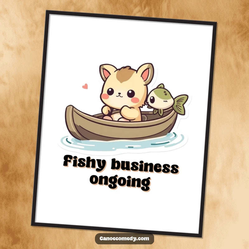 Funny Kawaii animal character in a canoe, amused by a fish, rendered as a humorous digital art print.