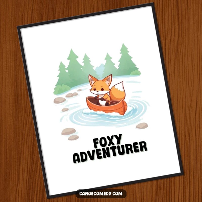 Funny Kawaii Fox Digital Art Print: Determined fox navigates rapids in a canoe, vibrant and spirited.