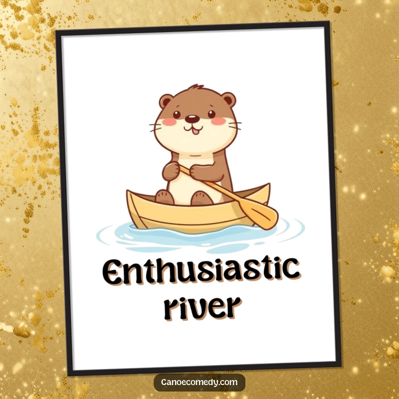 Funny digital art print of a happy kawaii otter paddling a canoe with enthusiasm, ideal for instant cute decor.