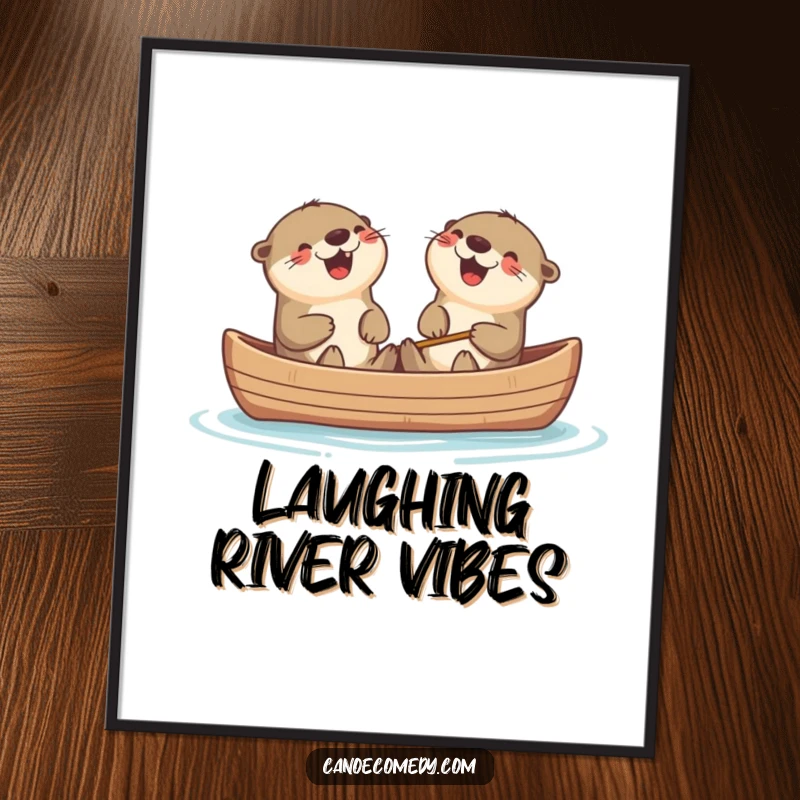 Funny Kawaii otters laughing heartily in a canoe, a vibrant and humorous digital art print.