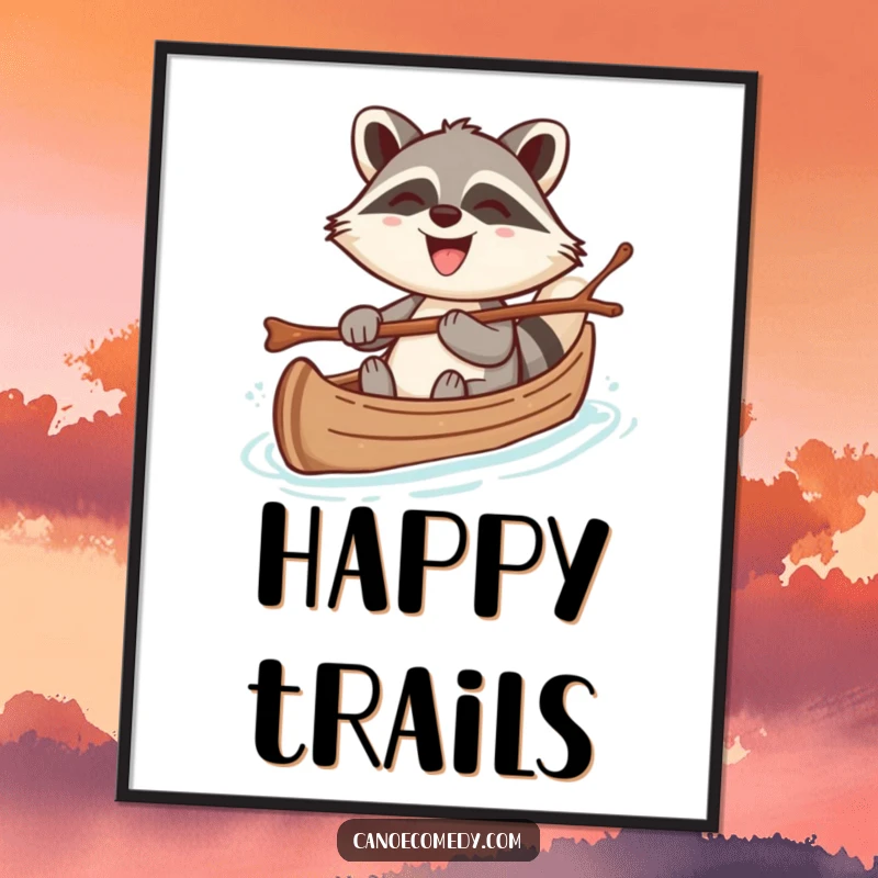 Funny digital art of a cheerful kawaii raccoon steering a canoe with a twig, grinning broadly, perfect for humorous wall decor.