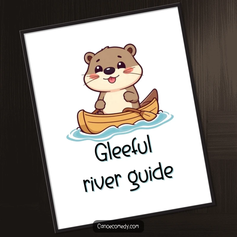 Funny Digital Art Print of a kawaii otter character determinedly steering a canoe, capturing a moment of gleeful adventure.