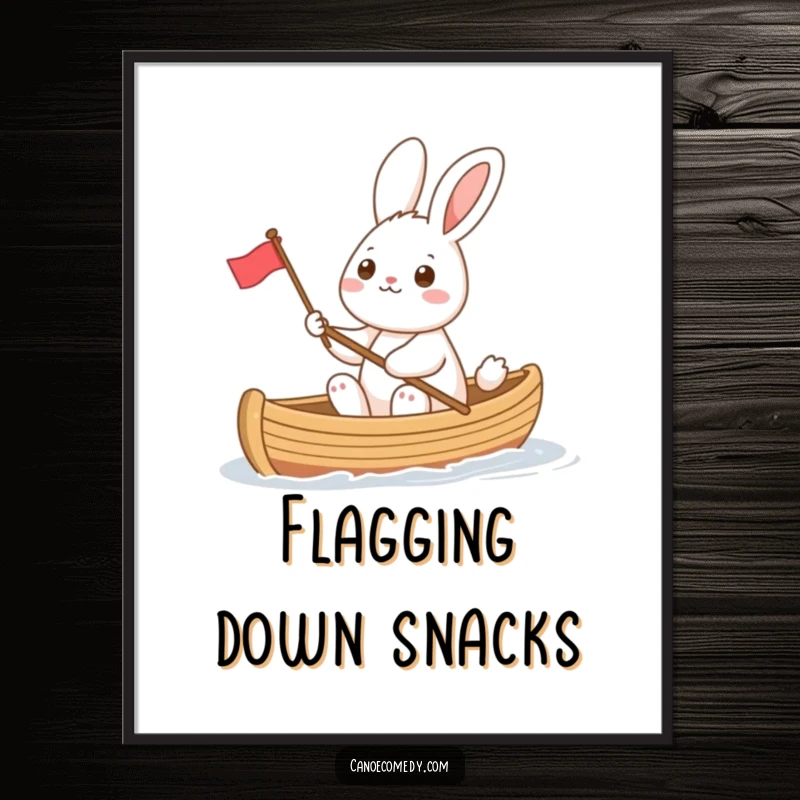 Funny rabbit in a canoe waving a tiny flag, a cheerful and humorous digital artwork ready for immediate printing and display.