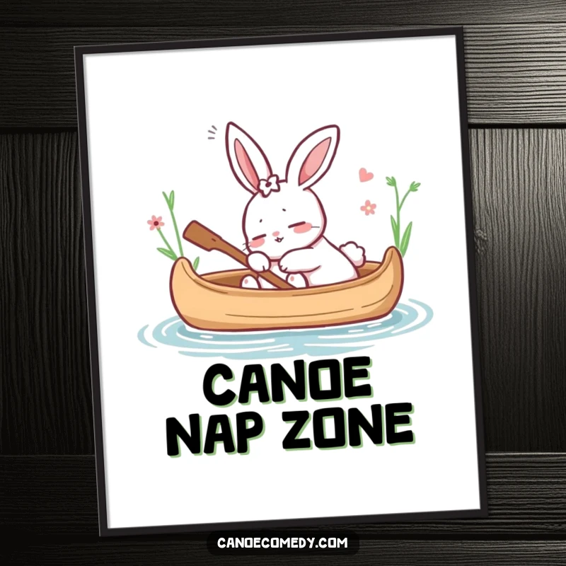 Funny digital art print of a cartoon rabbit peacefully dozing in a canoe, perfect for creating a calm and serene atmosphere, a funny gift.