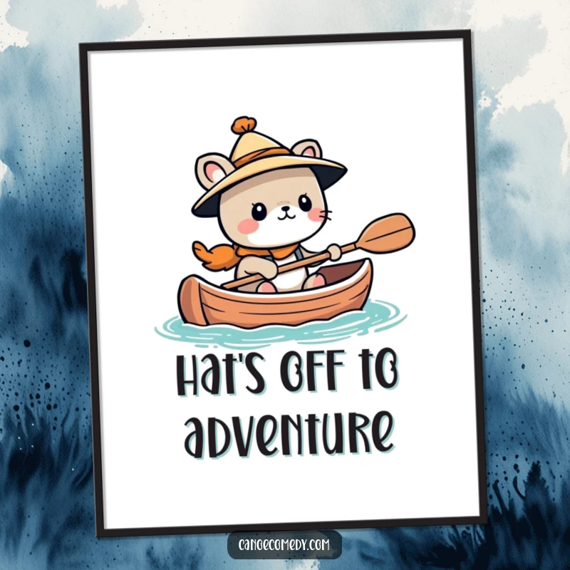 Funny Kawaii animal character wearing a tiny hat, looking adventurous in a canoe, a downloadable digital art print.