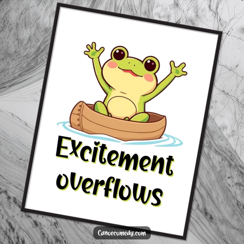 Kawaii frog character excitedly waving its arms while paddling a canoe, printable digital art for energetic decor.