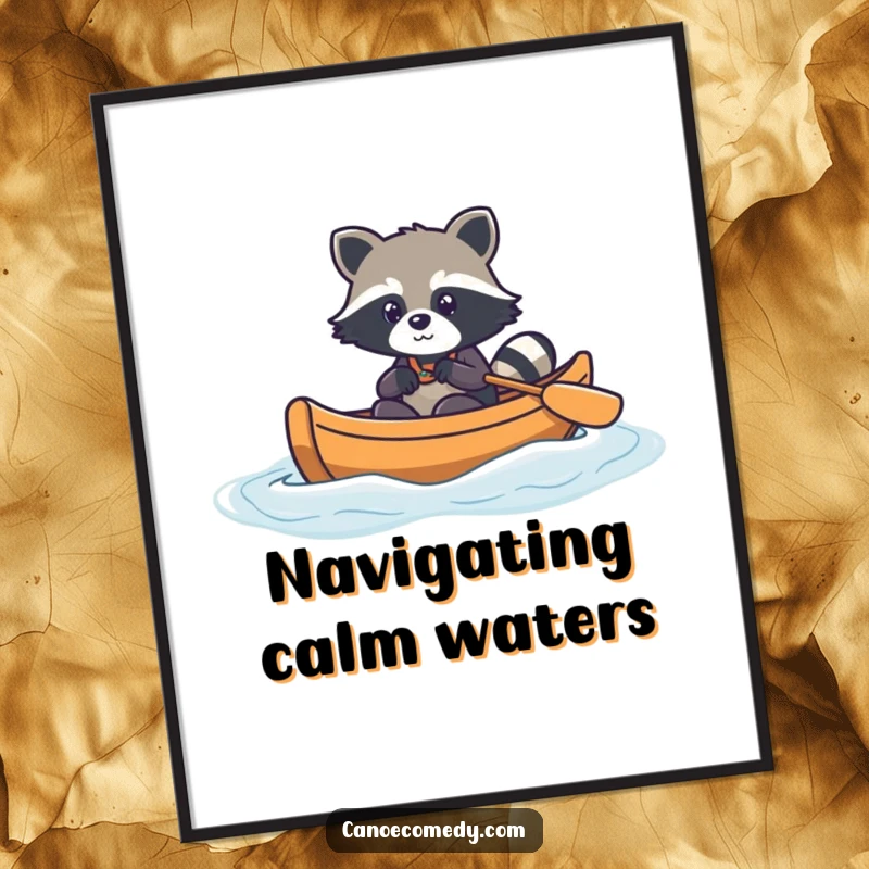 Funny kawaii raccoon navigating a canoe through gentle waves, cute digital art, adventure printable, instant download.