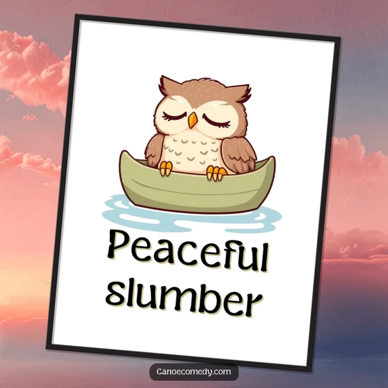 Funny owl digital art print, peacefully dozing in a canoe with a relaxed expression, a humorous and calming digital download.